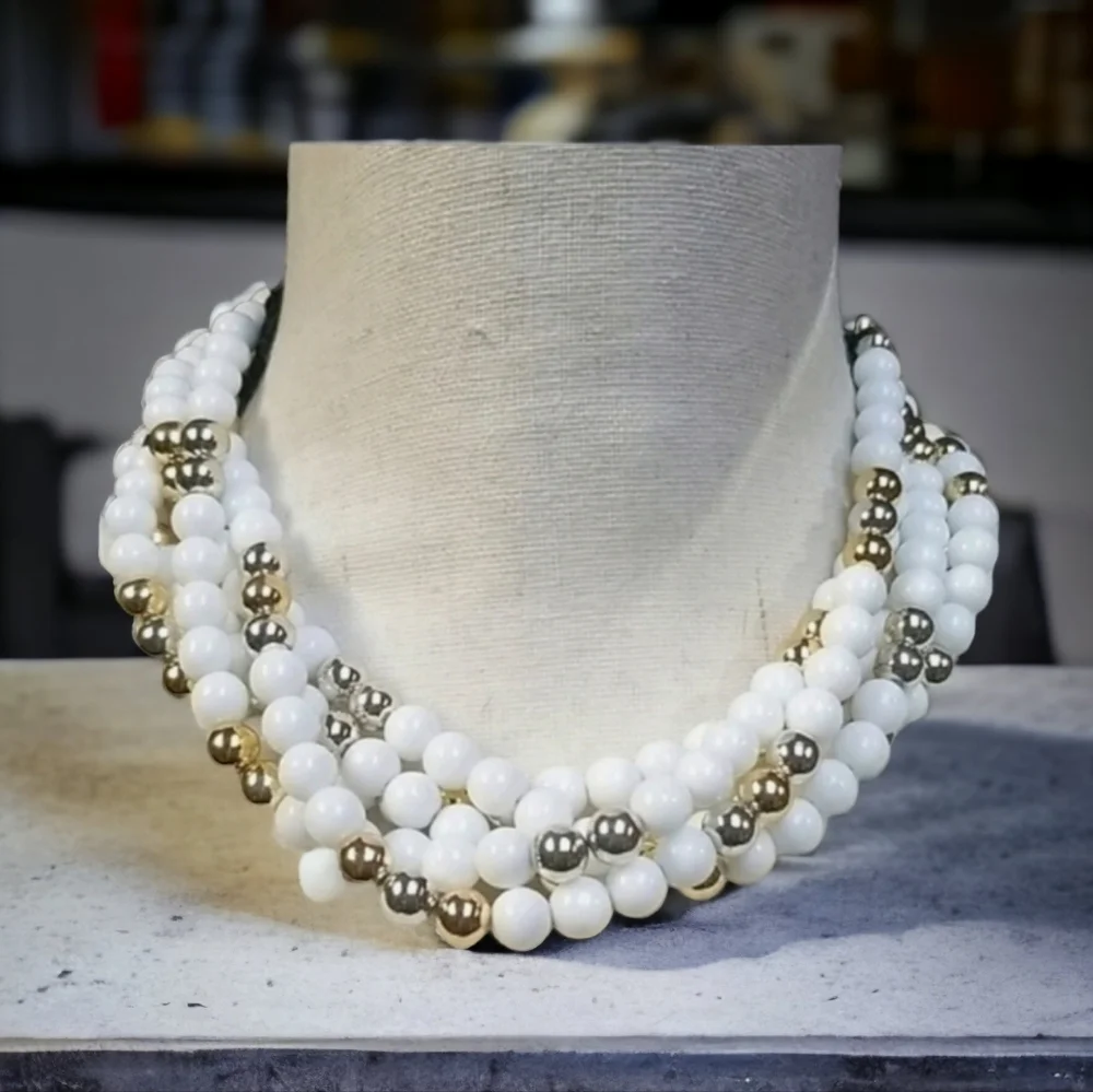 Vintage 1950s Mid Century Choker Beaded Gold & Silver Tone Multi-Strand Necklace - Picture 1 of 15